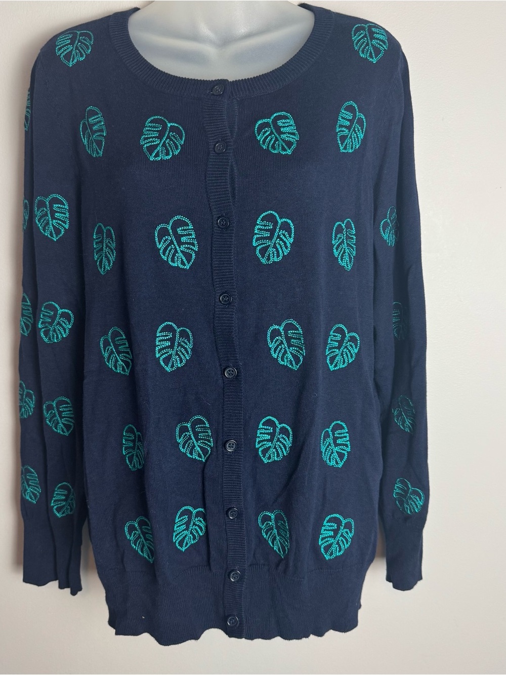 Modcloth Navy Botanical Leaf Embroidered Button Up Cardigan Sweater Size 2XL